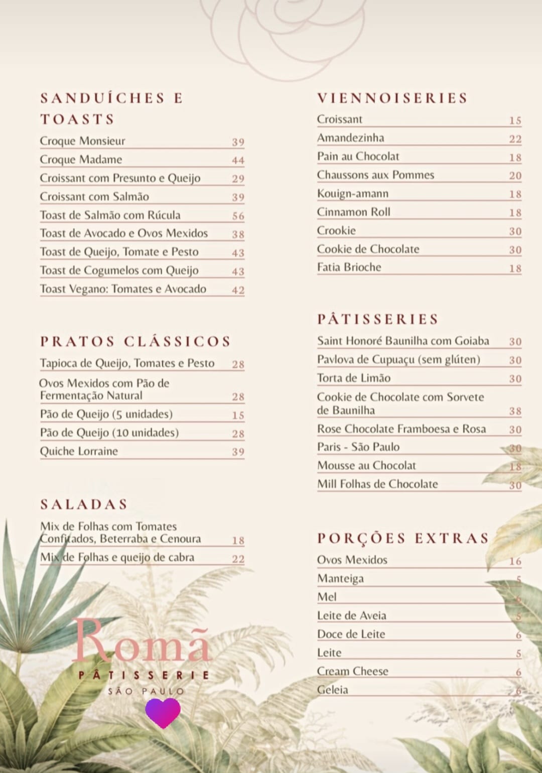 Cardápio: sanduíches, toasts, viennoiseries, pratos clássicos e pâtisseries
